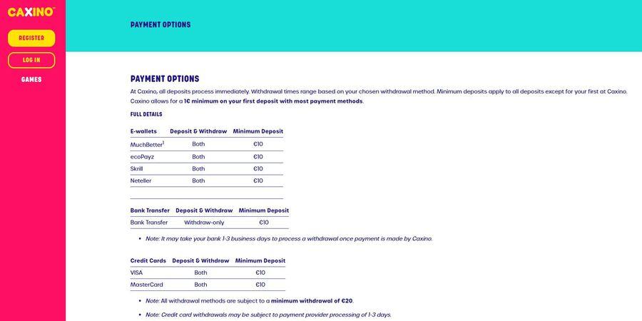 Caxino payment options