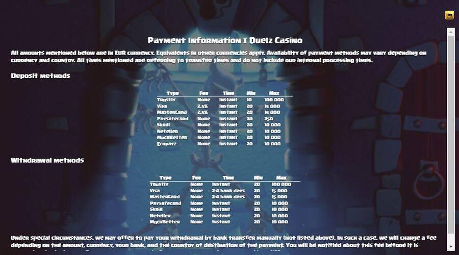 Duelz deposit and withdrawal page