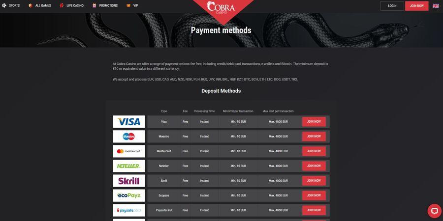 Cobra Casino deposit and withdrawal page